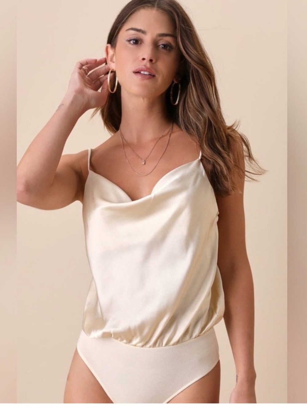 She + Sky Satin Cowl Neck Bodysuit - Cream